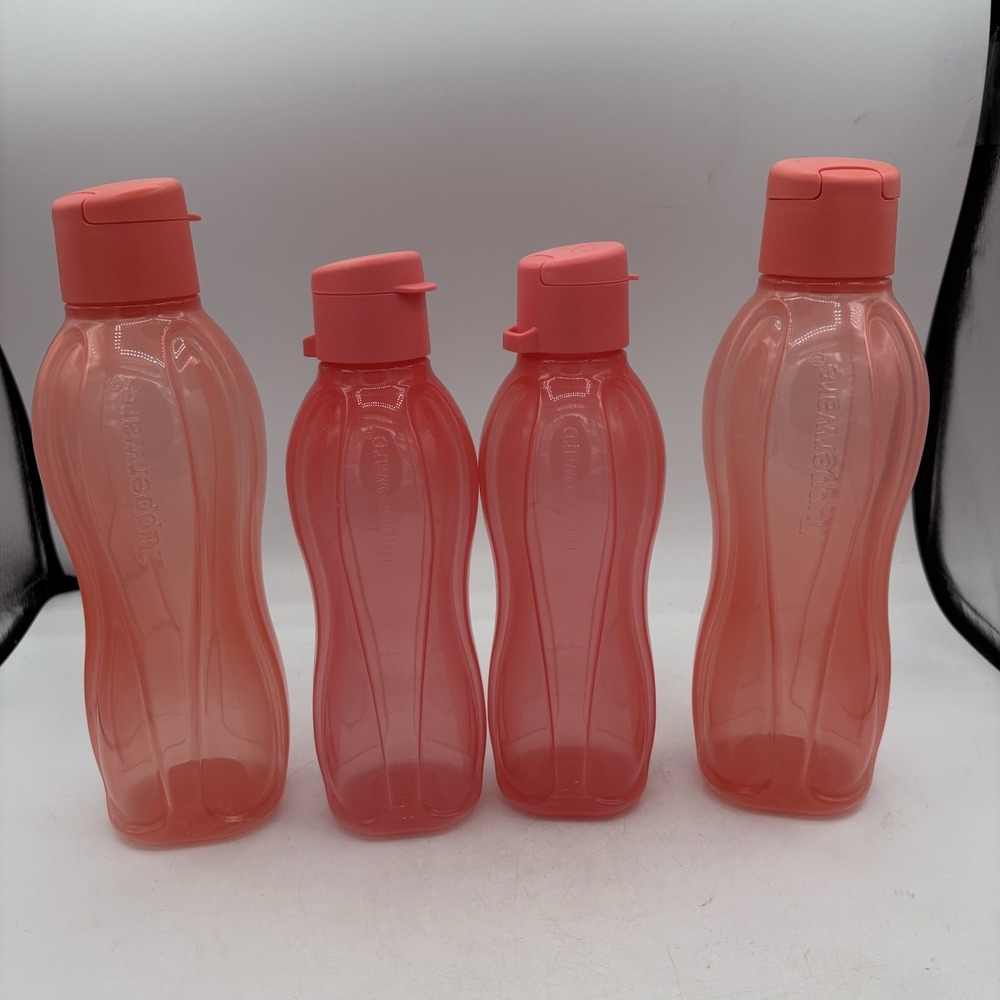 Tupperware Water Bottles Eco Flip Top Red Orange Coral 2-16 oz 2-25 oz Lot of 4